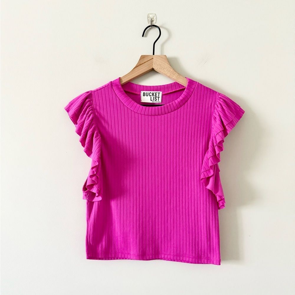 Bucket List Flutter Sleeve Cropped Tank in Bright Pink Ribbed Knit - Size M